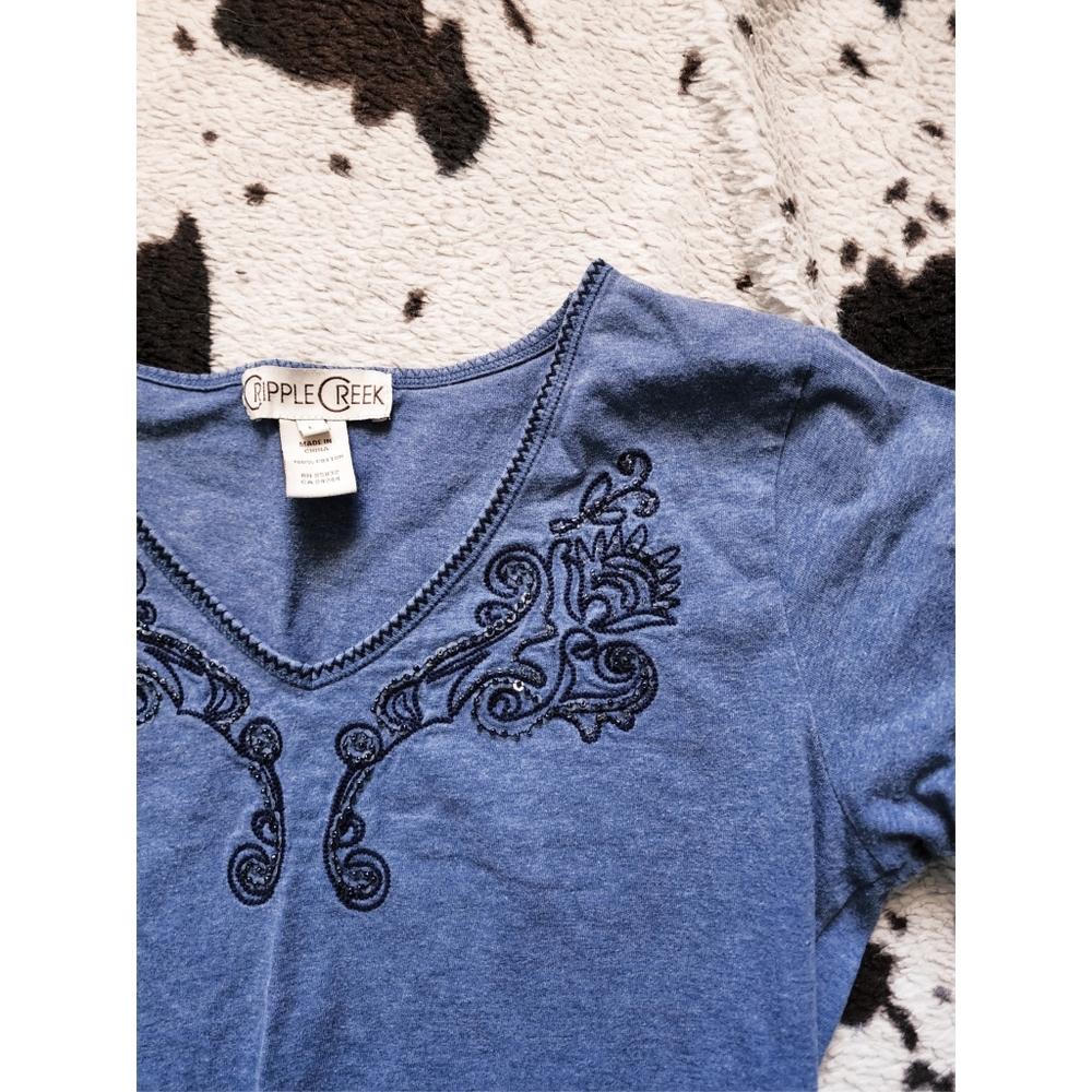 Blue V-Neck Embroidered Women's Top